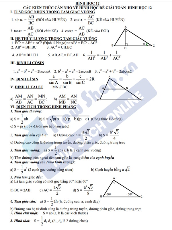 Tổng Hợp Công Thức Toán Hình Học Lớp 12 Đầy Đủ Nhất